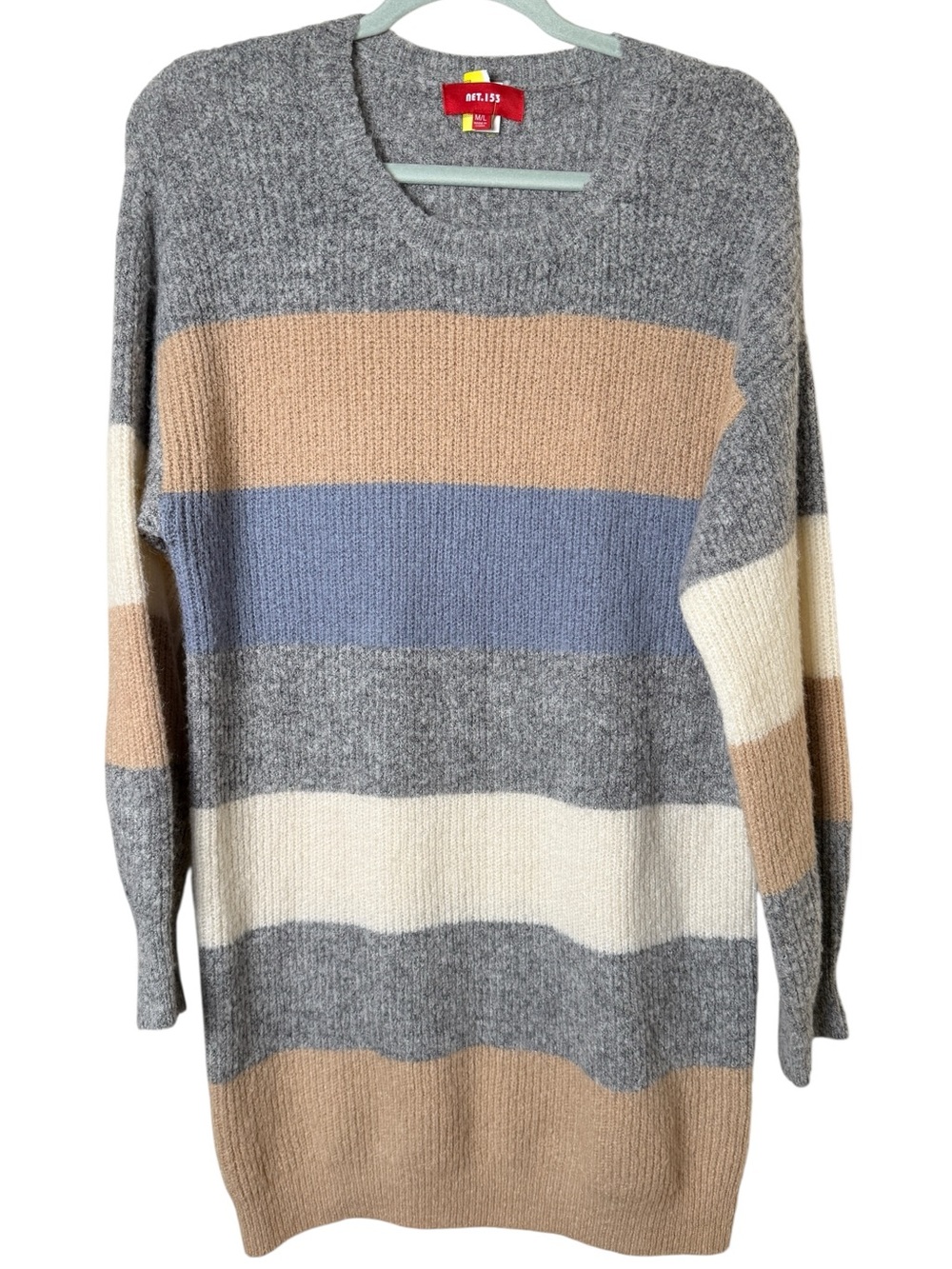 Net.153 M/L Striped Crewneck Sweater Dress in Gray, Beige, Blue